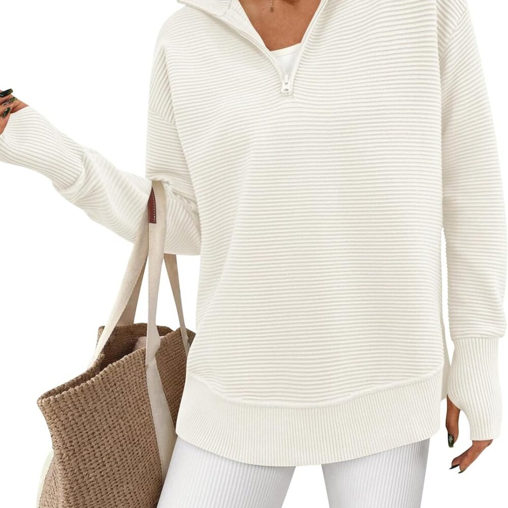 Women's White Long Sleeve Quarter Zip Pullover Sweater - Large